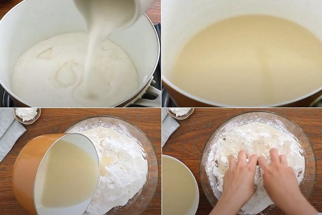 trộn hỗn hợp bột gạo bánh tai yến với nước cốt dừa đun sôi