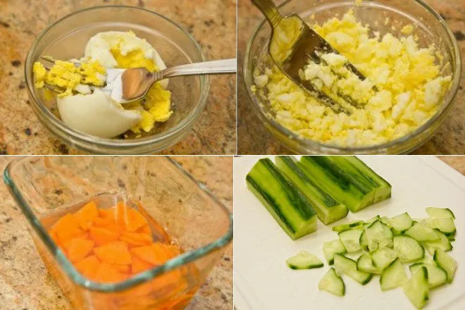 tán nhuyễn trứng luộc, cắt lát cà rốt và dưa leo