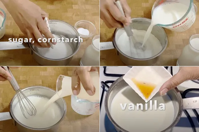 trộn nguyên liệu làm pudding xoài sữa không trứng